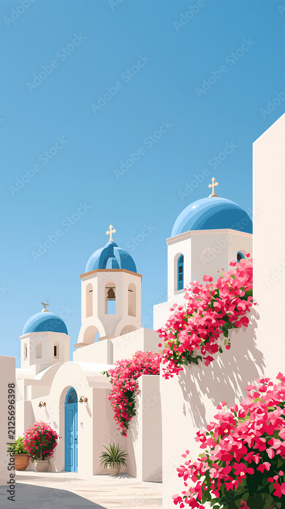 Obraz premium Traditional white buildings with blue domes and bright pink flowers stand under a clear blue sky on a sunny summer day in a Mediterranean village
