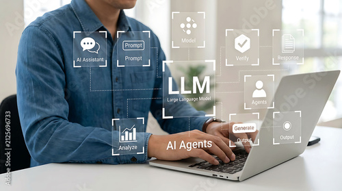 Man Working Laptop LLM Large Language Model AI Agents Concept