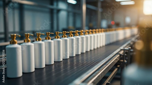 White cosmetic bottles on automated production line in modern manufacturing factory