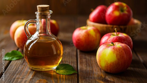 Fresh apples with apple cider vinegar bottle on rustic wooden table for healthy nutrition