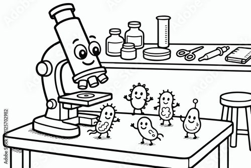 A coloring page for children — a cartoon microscope with a smile, watching dancing bacteria on a laboratory table.