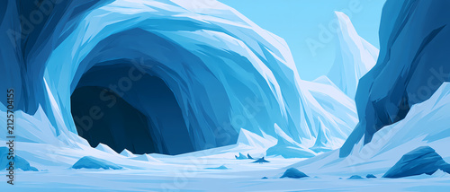 A view of a deep blue ice cave entrance located in a frozen mountain landscape with snow covered ground during a bright winter day