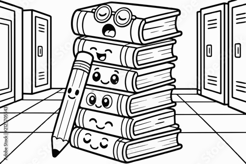 Stack of smiling books and pencil in a playful school setting for children's coloring