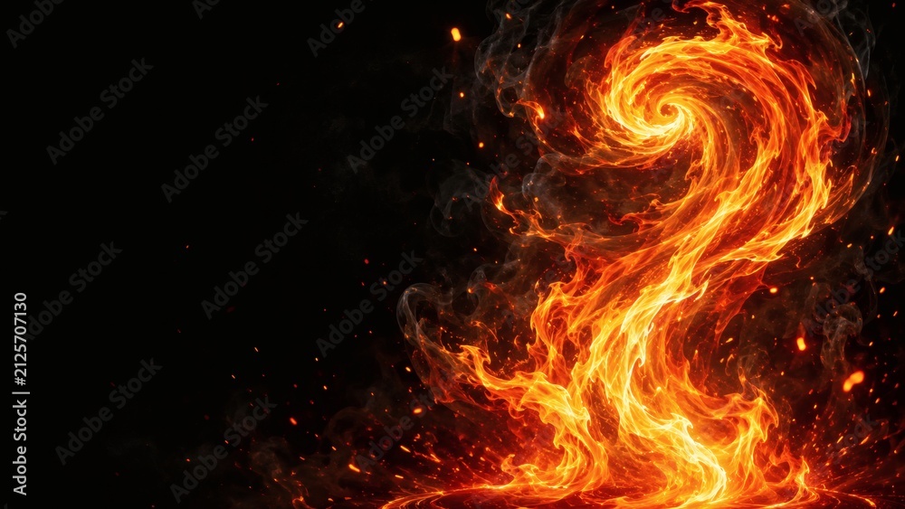 Fototapeta premium Fiery Swirl: A dynamic abstract composition of a flame swirling upwards against a dark background, with glowing embers and smoke, evoking power and intensity.