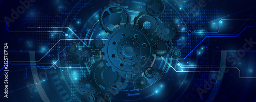 Technology background featuring gears, circuit boards, and data security networks.