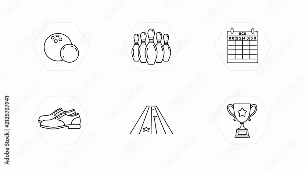 Fototapeta premium Bowling Icons Set: Ball Pins Shoes Lane Trophy Calendar - Sports Icons