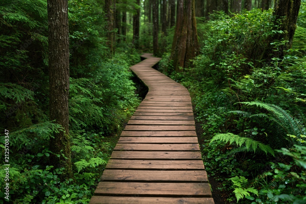 Fototapeta premium Boardwalk path through a lush green forest with ancient trees and wild ferns