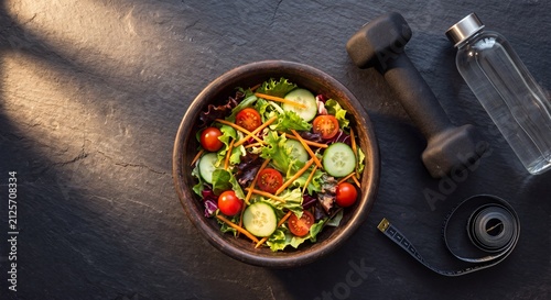 Healthy lifestyle and weight loss concept featuring fresh vegetable salad with dumbbell, water bottle, and measuring tape flat lay