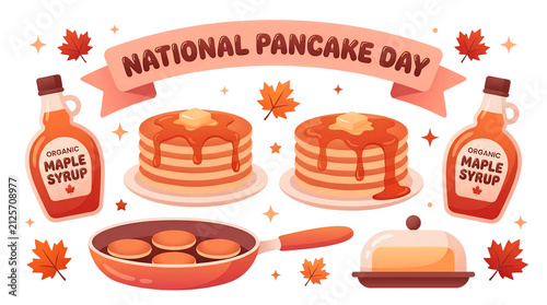 Happy pancake day illustration with syrup and butter on stacked pancakes breakfast celebration culinary.a sweet cake.