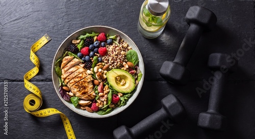 Healthy fitness and diet lifestyle concept featuring a protein salad bowl with grilled chicken, quinoa, avocado, dumbbells, and measuring tape on dark slate