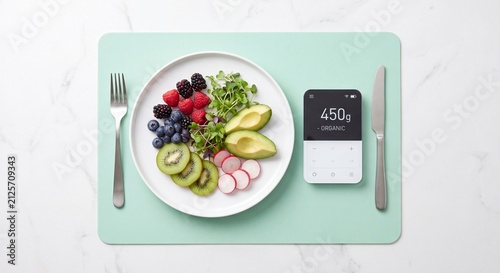 Healthy diet and nutrition tracking concept with flat lay of organic fruit plate and smart food scale on marble counter