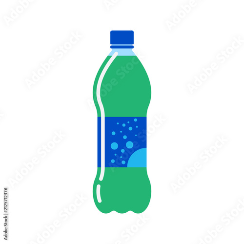 Foto Sparkling Water Bottle Flat design style, plastic bottle with bubble label, representing mineral water, ideal for beverage branding and healthy lifestyle designs