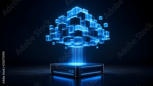Futuristic server projecting a glowing blue cloud made of digital cubes representing block data storage and virtual computing.