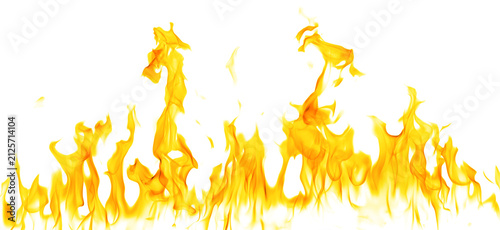 Fotografie Realistic fire flames isolated on white background, featuring blazing yellow fire for overlays, photo compositing, visual effects, motion graphics, heat energy and graphic design