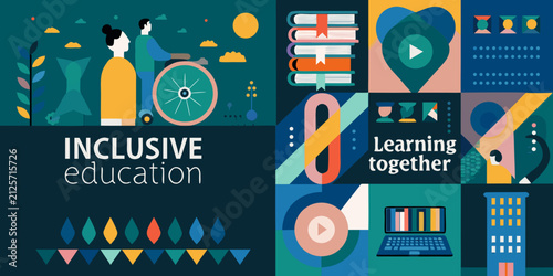 inclusive education vector illustration with colorful icons learning together wheelchair books play button laptop diversity collage students teaching knowledge school classroom accessibility community