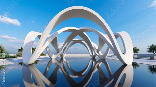 Abstract white architectural arches creating a modern pavilion reflected on a smooth water surface.