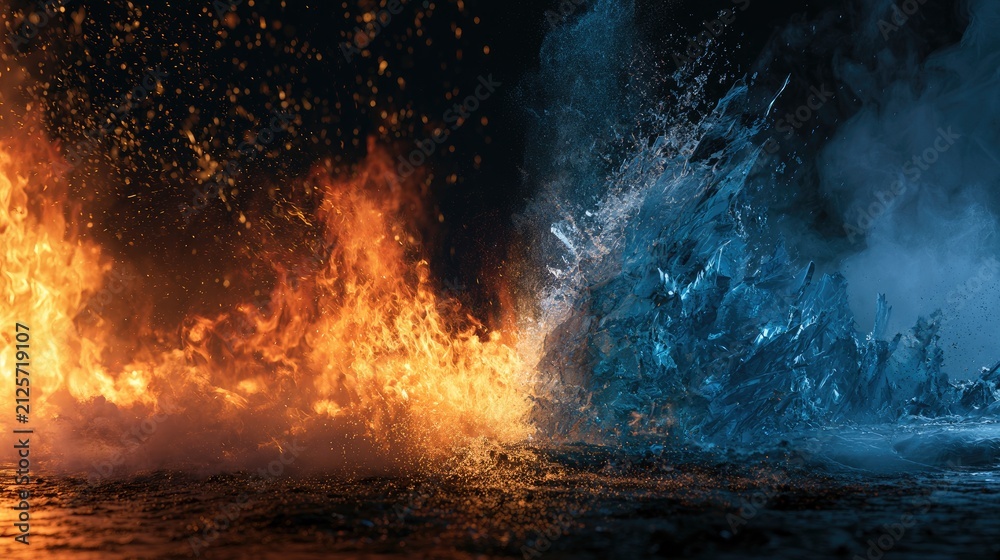 Naklejka premium Intense clash of fiery flames against a frozen, watery expanse, creating smoke and mist