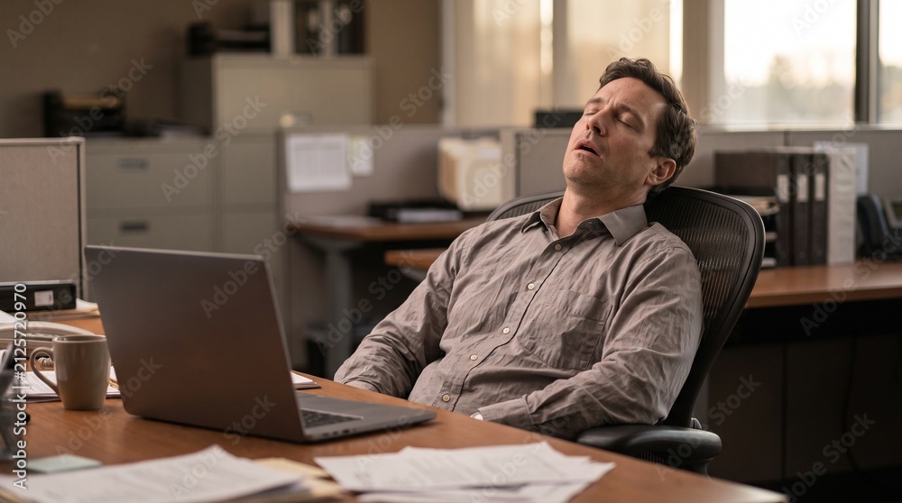 Fototapeta premium A businessman slumps over his desk in exhaustion, laptop open, papers scattered, capturing the relentless pressure and fatigue of the modern workday.