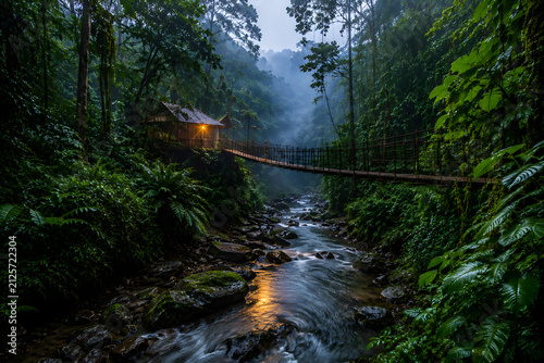 Lush tropical rainforest featuring a wooden cabin connected by a suspension bridge above a flowing river surrounded by dense green jungle.