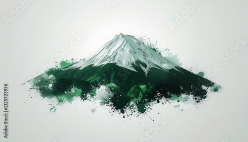 Emerald green watercolor splash illustration of Mount Fuji