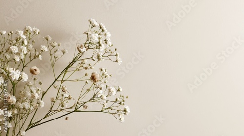 Delicate white blooms with thin stems grace a soft, neutral background