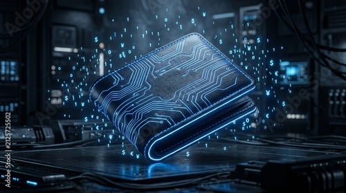 Wallet with glowing blue circuit lines, futuristic AI fintech concept for digital payments, smart finance, cybersecurity and modern technology.