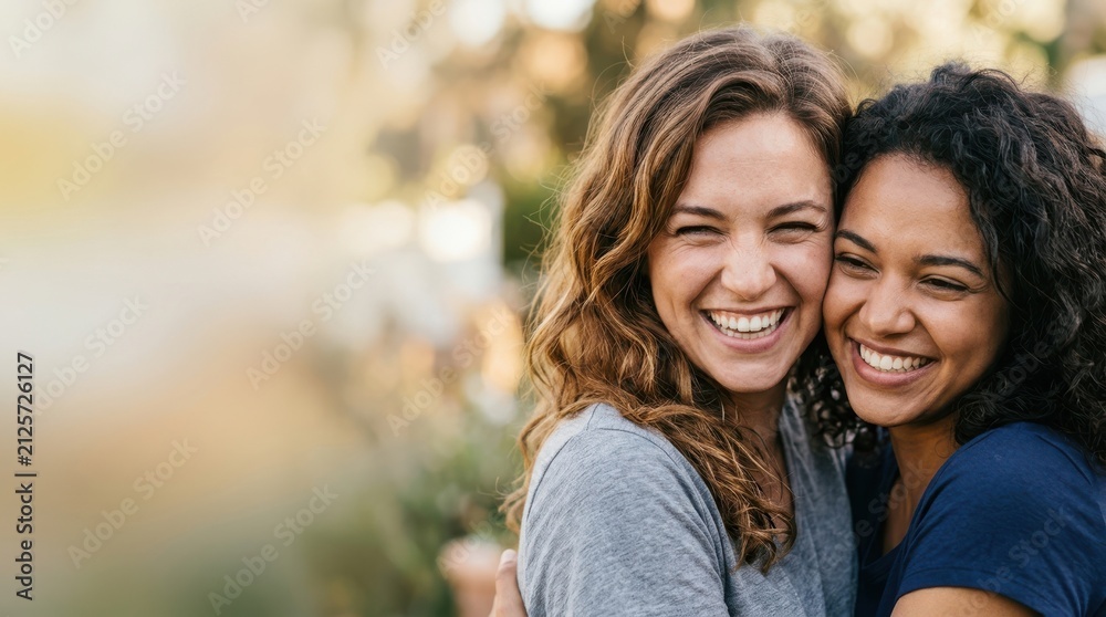 Fototapeta premium Two happy young adult multiethnic women smiling and embracing outdoors, representing friendship, diversity, and joy in everyday life