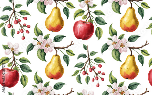 Seamless pattern with cute pixel art red apples yellow pears and white flowers with green leaves on branches for retro gaming style digital wallpaper and textile design backdrop