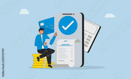 Contactless payment, wireless transaction, online processing. man with card.