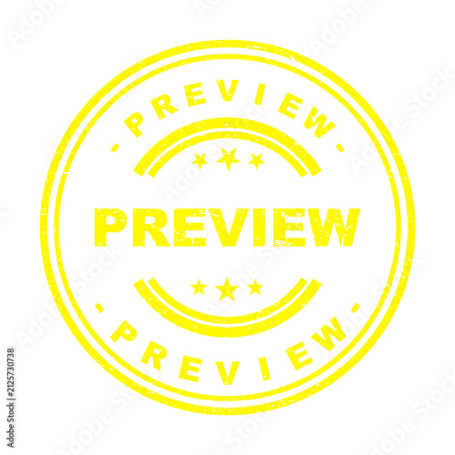 Bright yellow round stamp icon with preview text and stars for web design isolated on transparent background