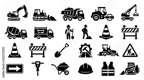 Construction site icons set. Heavy machinery and road work equipment vector symbols.