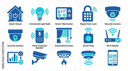 Smart home automation icons set. Internet of things technology and connected device symbols.