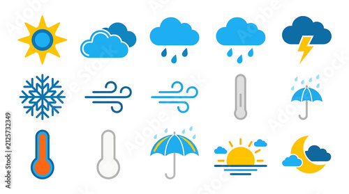 Weather icons set. Collection of climate symbols for mobile apps and web design.