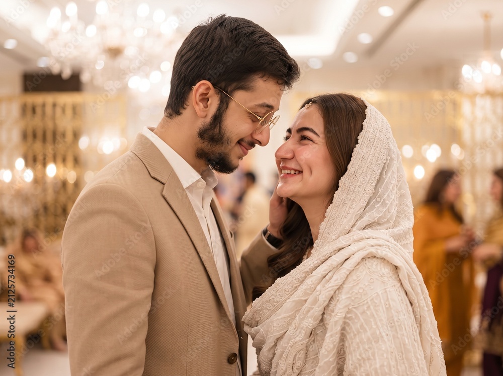 Fototapeta premium Happy couple smiling together at a wedding celebration in a decorated hall
