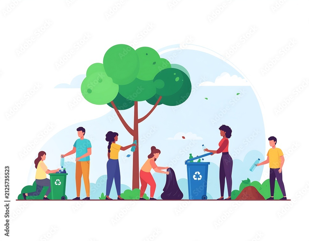 Fototapeta premium Group of volunteers cleaning up plastic waste, putting bottles in recycling bins, and planting a tree under a big green tree.