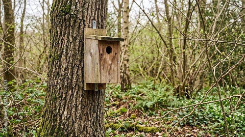 Wooden nesting box attached to forest tree trunk in natural woodland habitat for wildlife conservation and bird shelter
