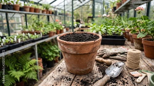 Terracotta flower pot filled with fresh potting soil inside greenhouse ready for planting