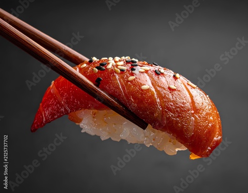 Fresh tuna sushi nigiri held by wooden chopsticks close up.