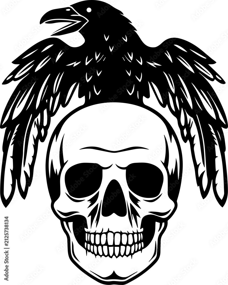 Fototapeta premium SVG vector illustration of a raven skull.Black Eagle and Skull Emblem with Heraldic Shield Design