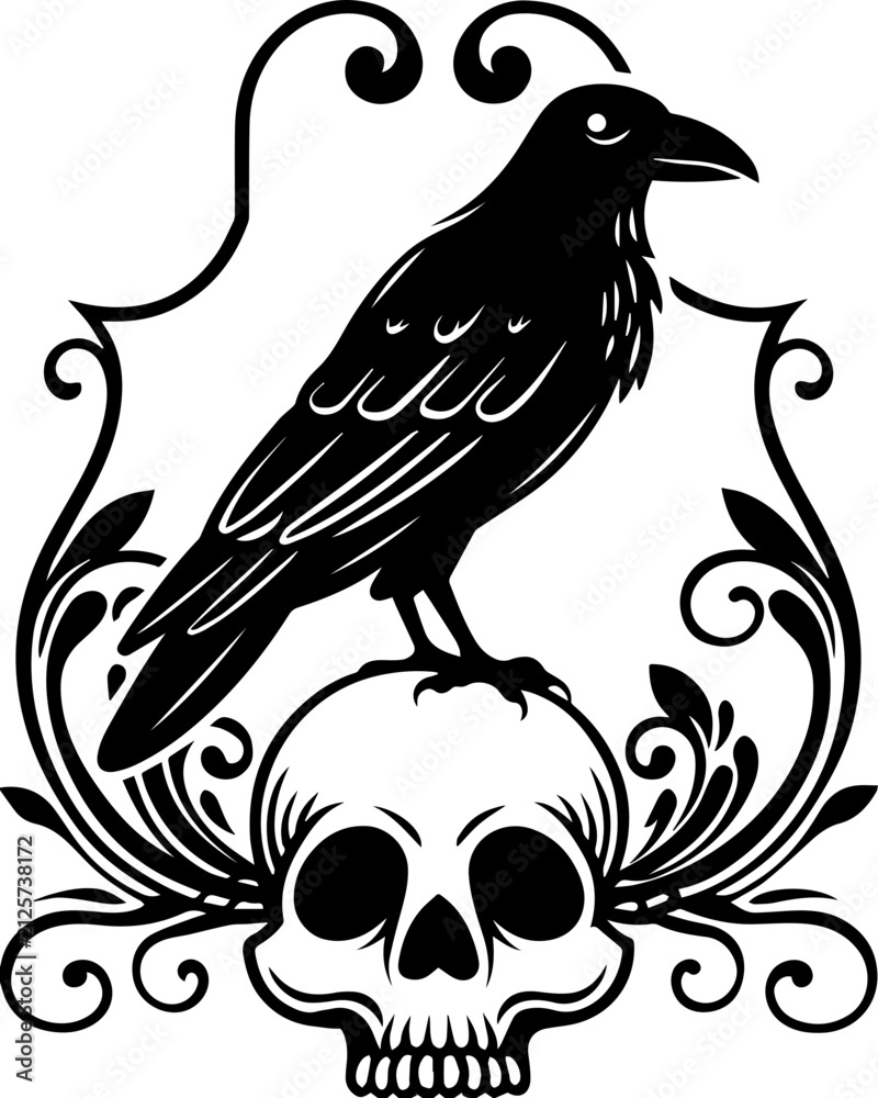 Fototapeta premium SVG vector illustration of a raven skull.Skull with Raven and Bare Trees in Black and White Design