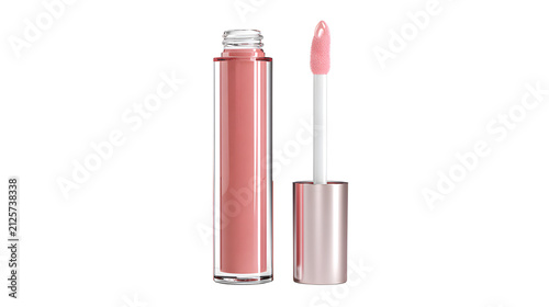 Pink lip gloss in clear tube with applicator with lip liner lip care cosmetics container packaging lipstick product makeup beauty glossy with shiny
