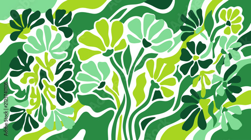 Abstract Green Floral Pattern with Stylized Flowers and Wavy Organic Shapes