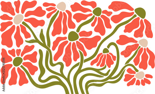 Retro 70s Groovy Floral Illustration of Red Daisies with Green Stems