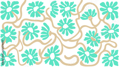 Modern Turquoise Floral Pattern with Minimalist Wavy Beige Stems