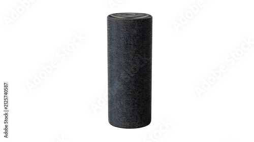 Modern black cylindrical smart speaker with fabric mesh with mesh exterior tall black electronics technology assistant wireless device with office