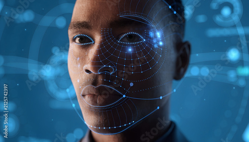 Photorealistic Man Face with Futuristic Facial Recognition Mesh HUD and Biometric Security Overlay