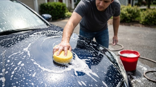 Man washing his dark car with a yellow sponge and soap bubbles outdoors