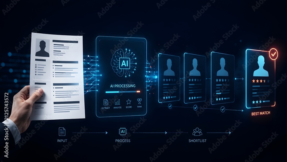 Fototapeta premium Artificial intelligence recruitment workflow diagram showing physical resume input processing and shortlisting to find the best candidate match
