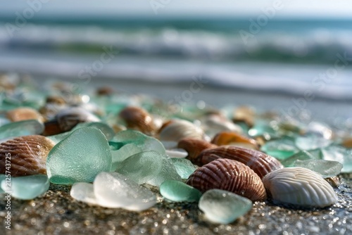 Frosted sea glass and seashells scattered on a sandy beach shoreline with waves in the