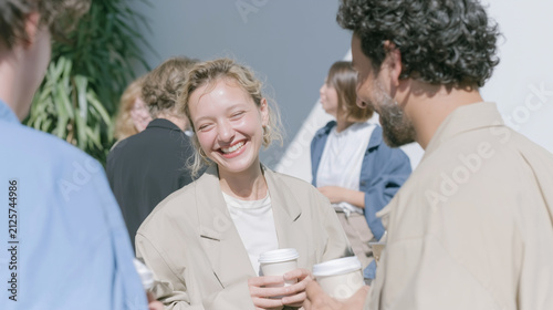 Businesswoman laughing during a coffee break with coworkers